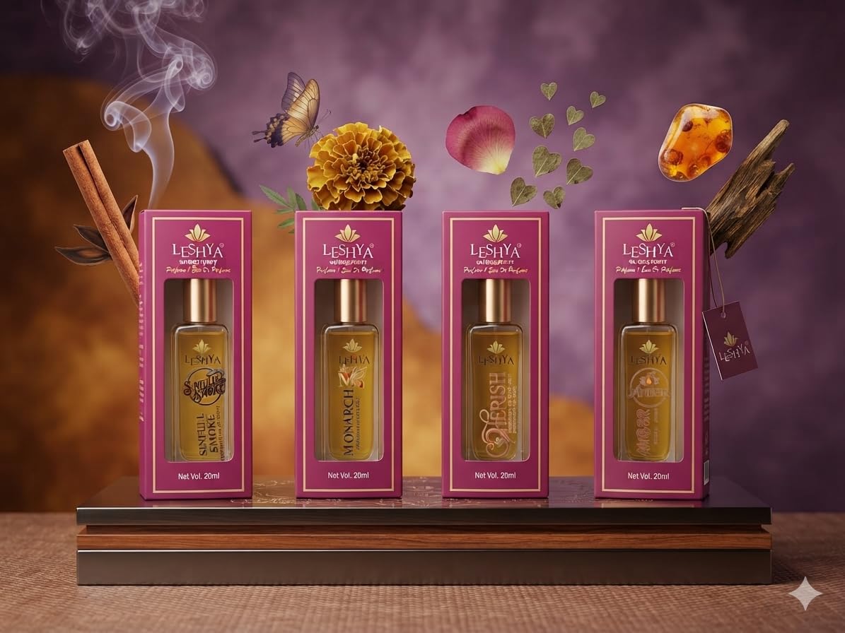 Leshya™ Perfume Eau De Parfum Set of 4, 20ml Each | Sinful Smoke, Monarch, Cherish & Amber, Oriental Fragrance, Unisex Scent
